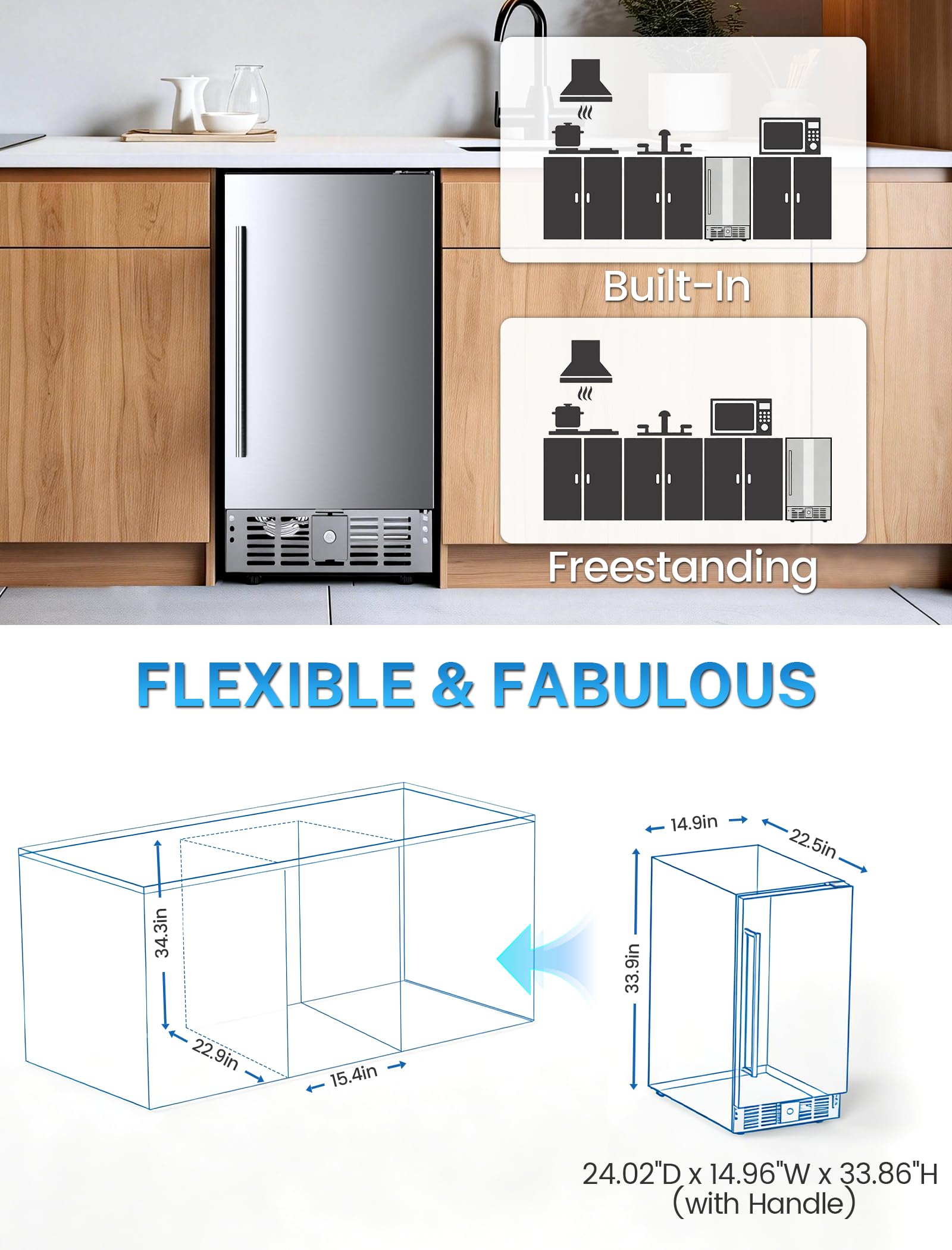 Electactic 15 Inch Beverage Refrigerator, Under Counter Drink Fridge With Stainless Steel Door, Built-In & Freestanding Beverage Cooler For Beer Wine Soda, Outdoor Refrigerator For Patio Home Kitchen on Fridge.com - View 6