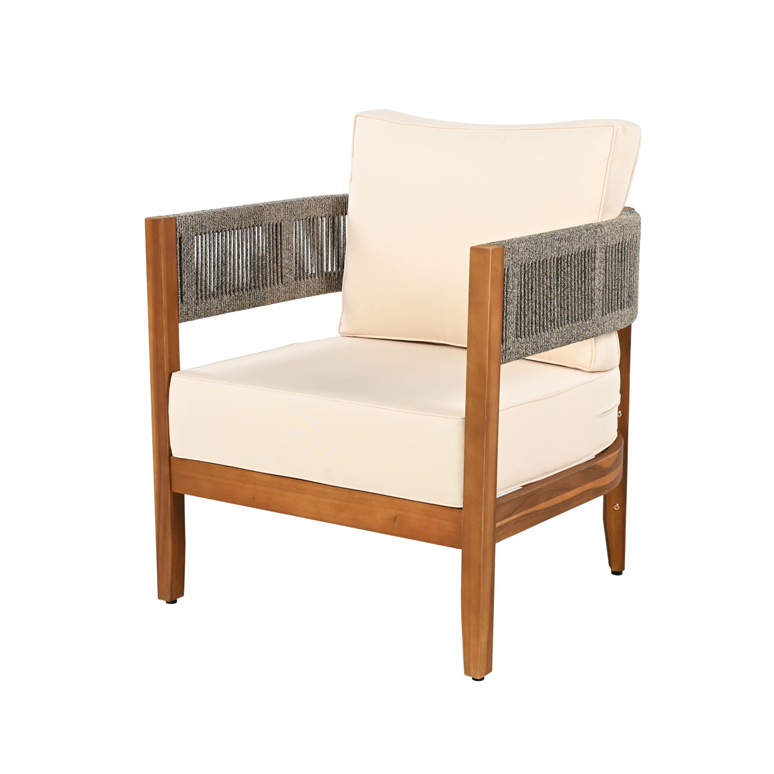 MERITLINE Patio Furniture Acacia Wood Chair, Outdoor Unique Armchair with Woven Rope, Sofa Chair with Soft Cushions for Porch, Garden, Backyard, Balcony,Beige