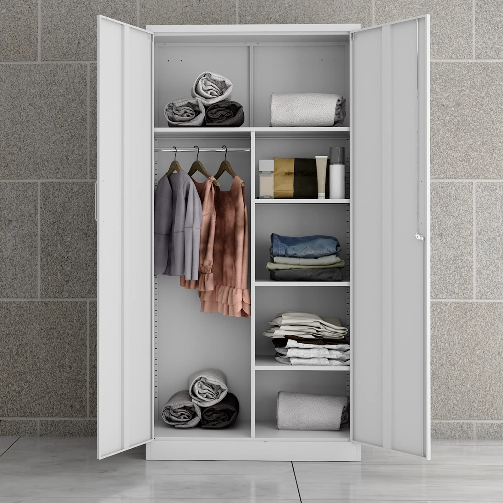 MIIIKO Steel Wardrobe Cabinet with 2 Doors, White Metal Locker Cabinet for Storage with Hanging Rod and 4 Shelves, Lockable Metal Closet for Bedroom, Cloakroom and Home Office