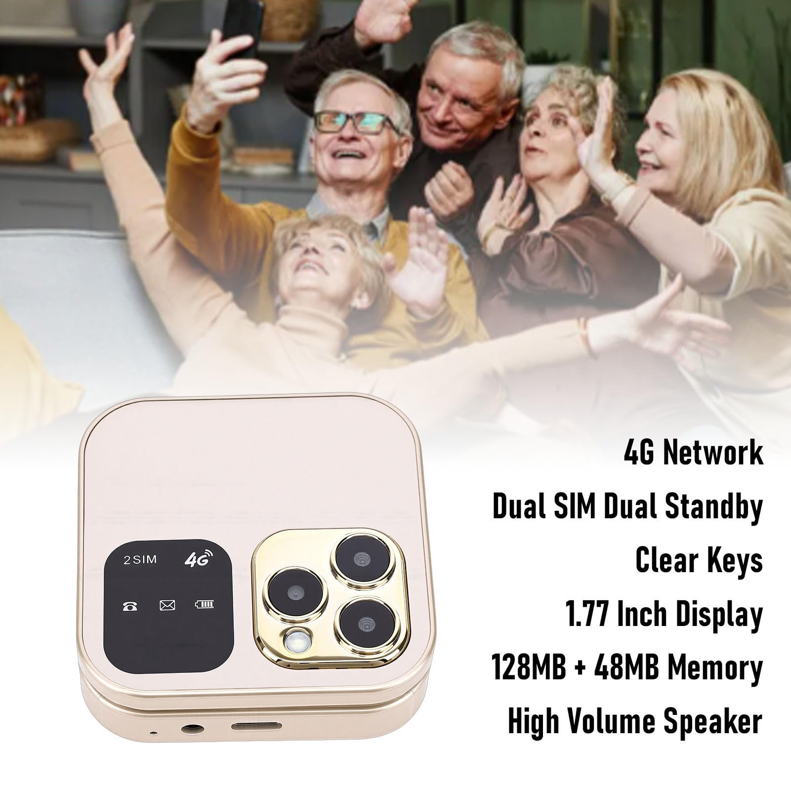4G LTE Flip Phone, 1.77 Inch Screen Dual SIM Unlocked Senior Phone with MP3 FM High Volume Speaker, for Travel Work Sports Everyday Use (Gold) - 3