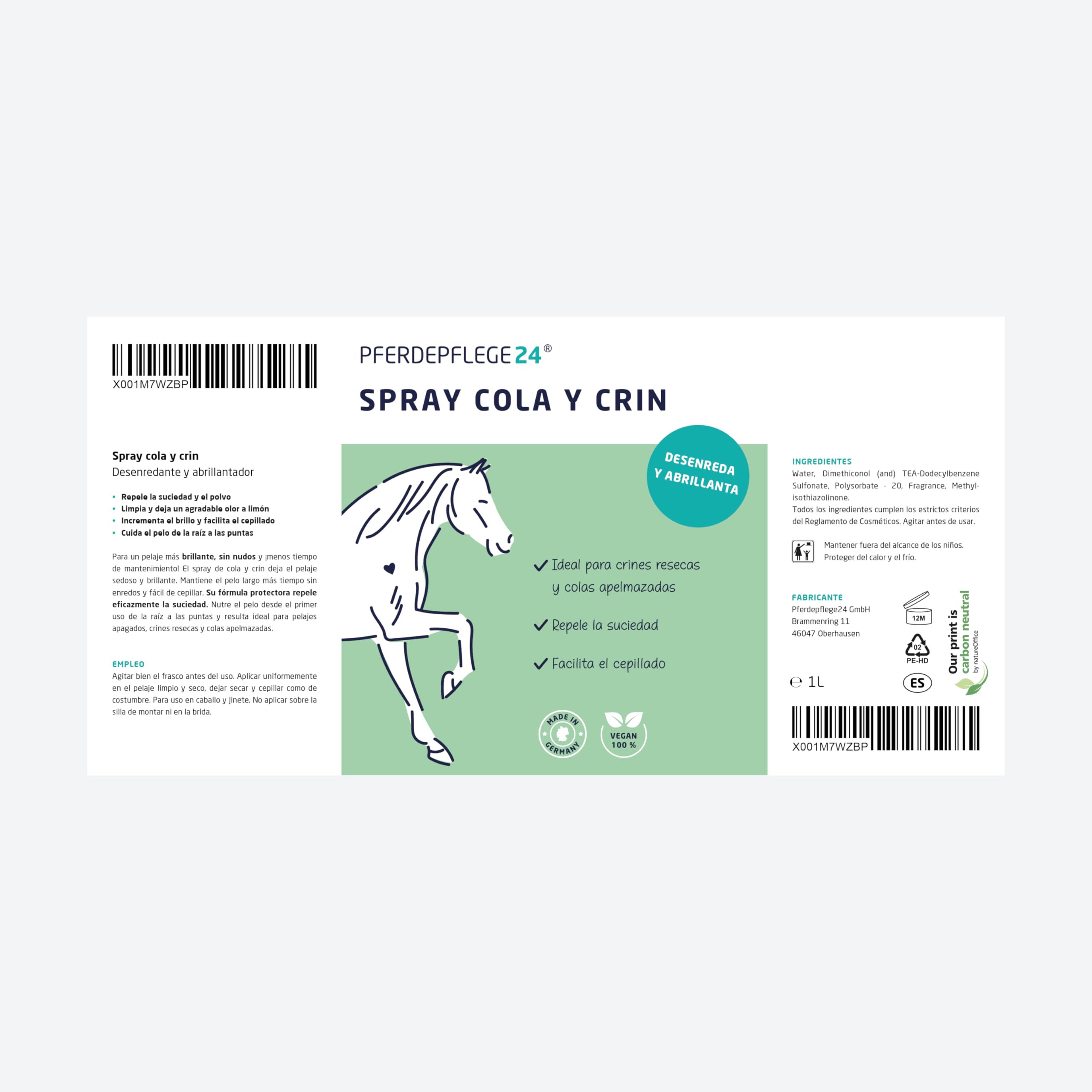 PFERDEPFLEGE24 Spray Abrillantador y Desenredante para Cola y Crin de Caballos - 500ml y 1L - Brillo Intenso, Facilidad para Peinar y para un Pelaje Saludable - Desenredante para caballos