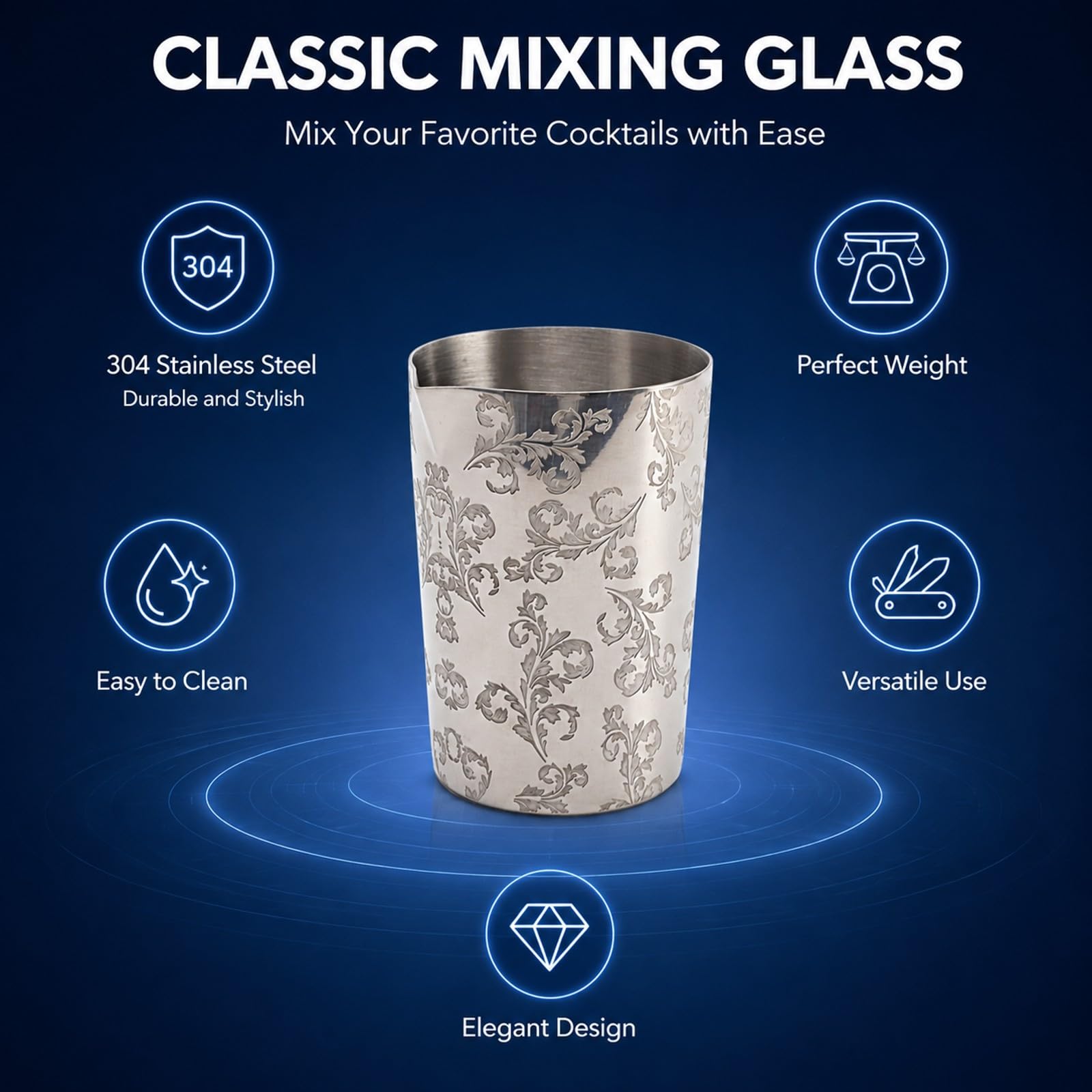 Mixing Glass in Acciaio Inox 304 per Cocktail, Bicchiere da Bar Inciso e Termoisolante, 244g - Mantiene la Temperatura, Resistente alla Ruggine, Ideale per Barman e Appassionati