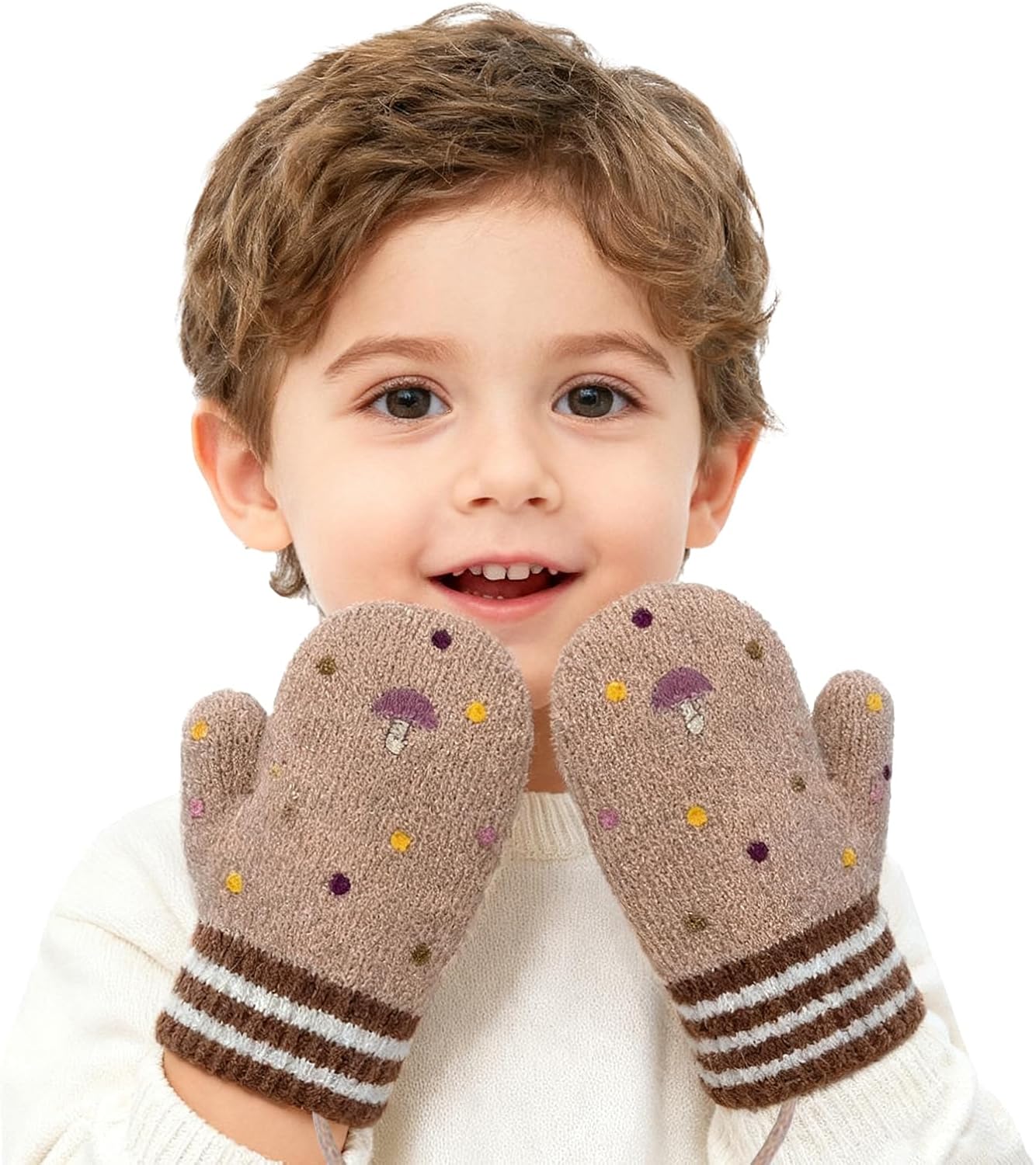 PURFUN Toddlers Baby Cartoon Baot Full Finger Gloves Mittens, Girls Boys Winter Warm Fleece Lining Knitted Mitts for 1-3 Yrs
