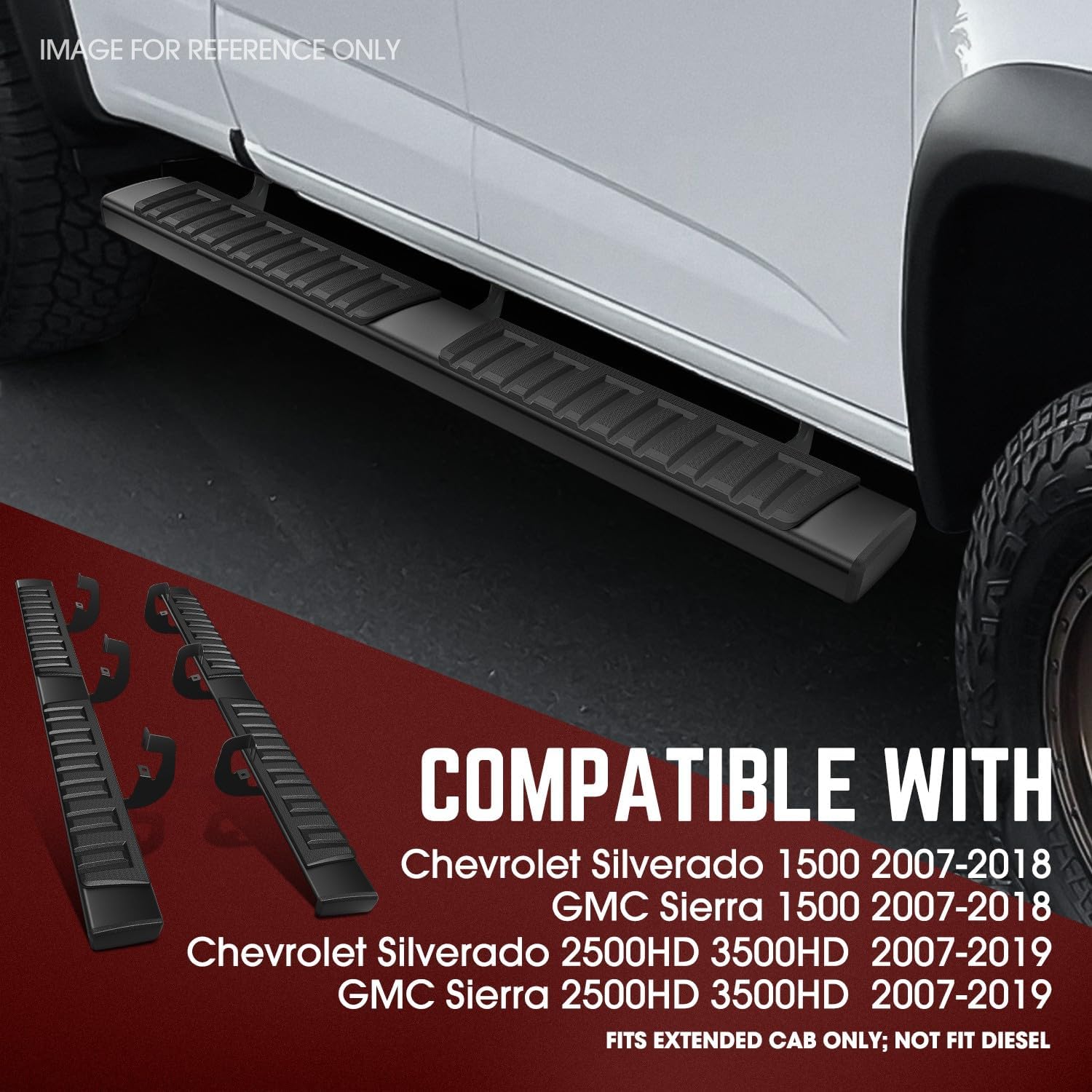 DNA Motoring 6.75" Flat Running Boards Side Step Bars Compatible with 2007-2018 Chevy Silverado GMC Sierra 1500 3500HD / 2007-2019 2500 HD Extended Cab, Black, STEPB-A-0093