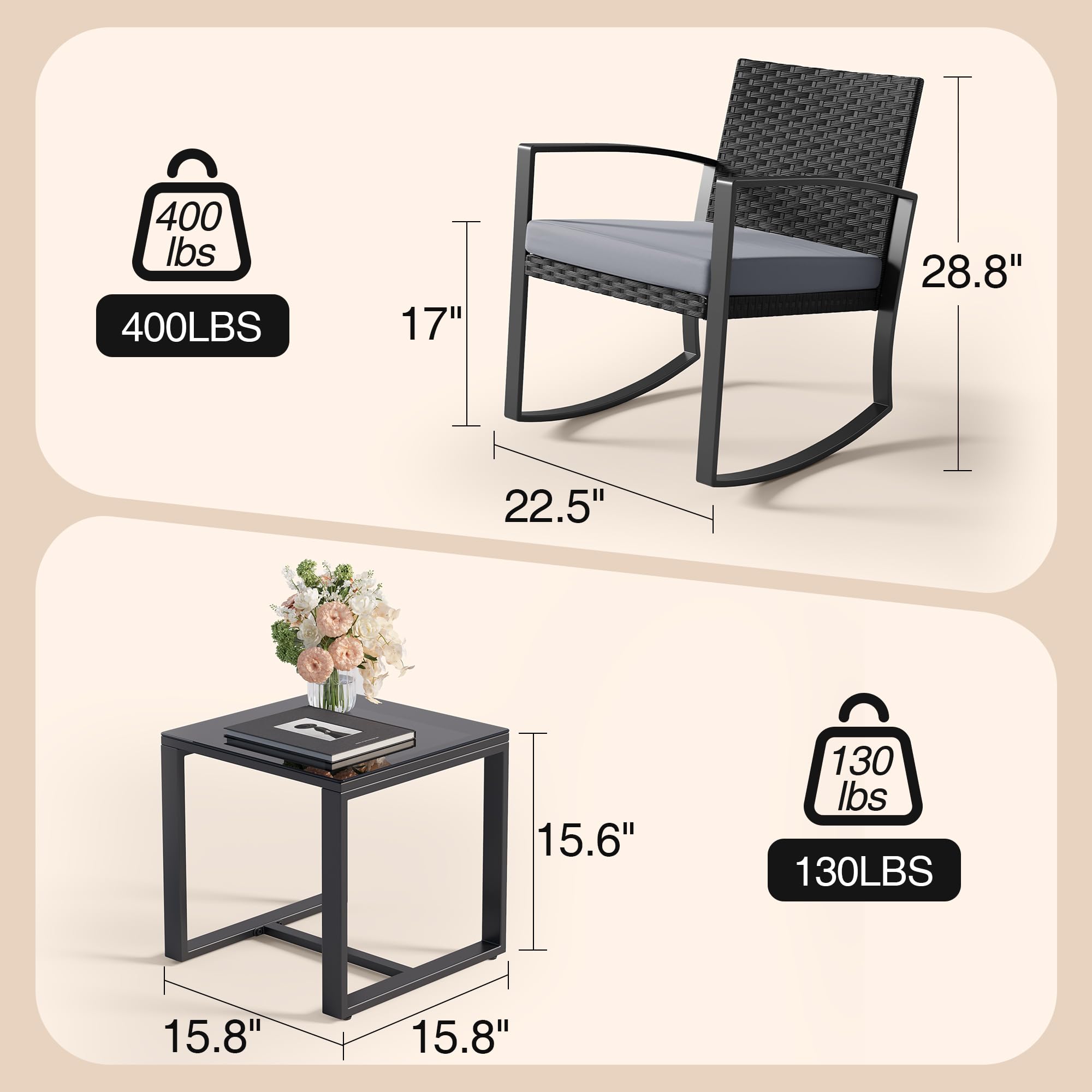 Qsun Juego de muebles de patio de 3 piezas para exteriores, juego de bistró mecedor, conversación de ratán al aire libre con mesa auxiliar para jardín, balcón, patio trasero, junto a la piscina (cojín