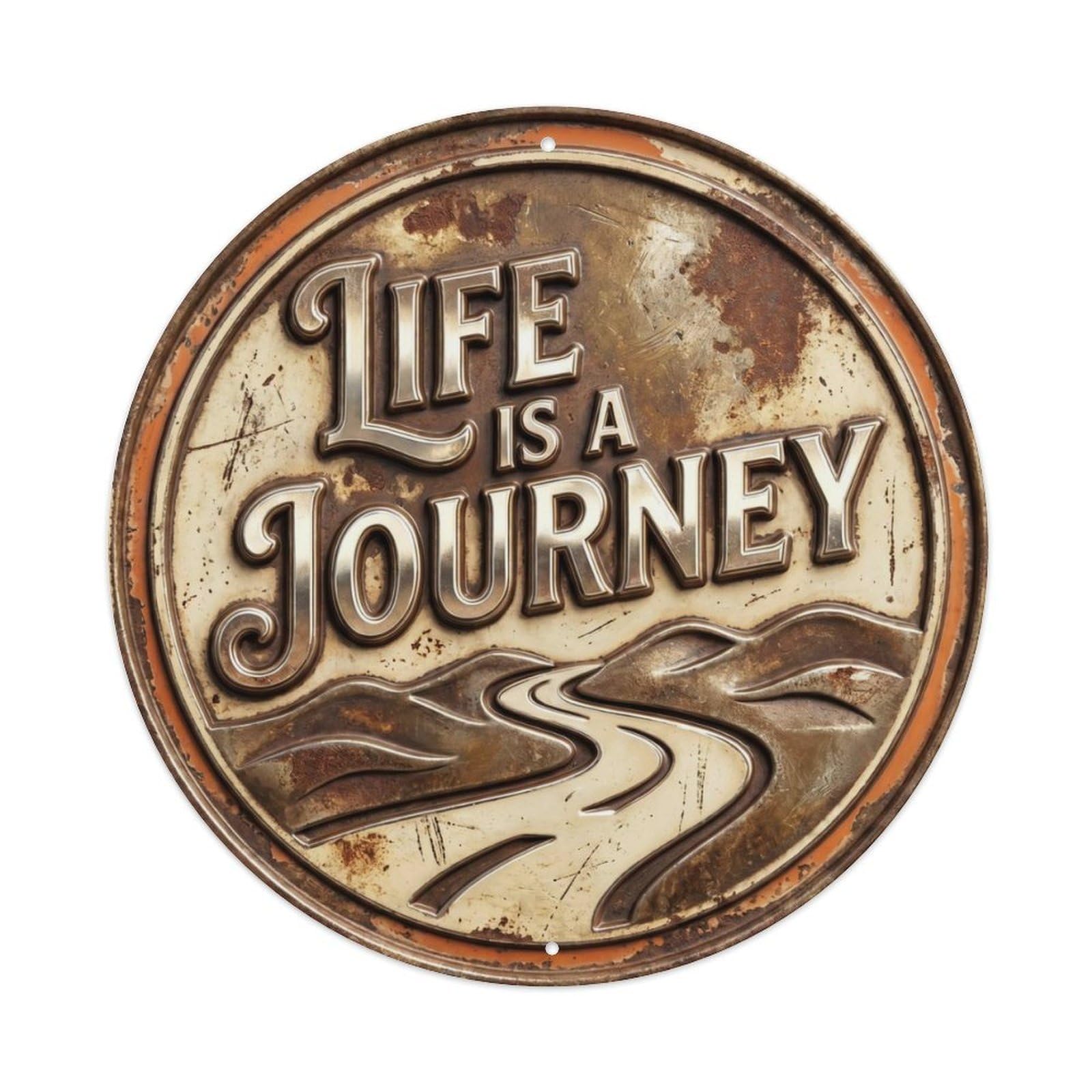 Fqcyn Style Life Is Journey Vintage Workshop Display Retro Slogans Metal Tin Sign Plaque Wall Decor For Cafe, Club Bar, Office, Home Garden Round Metal Poster 8X8inch