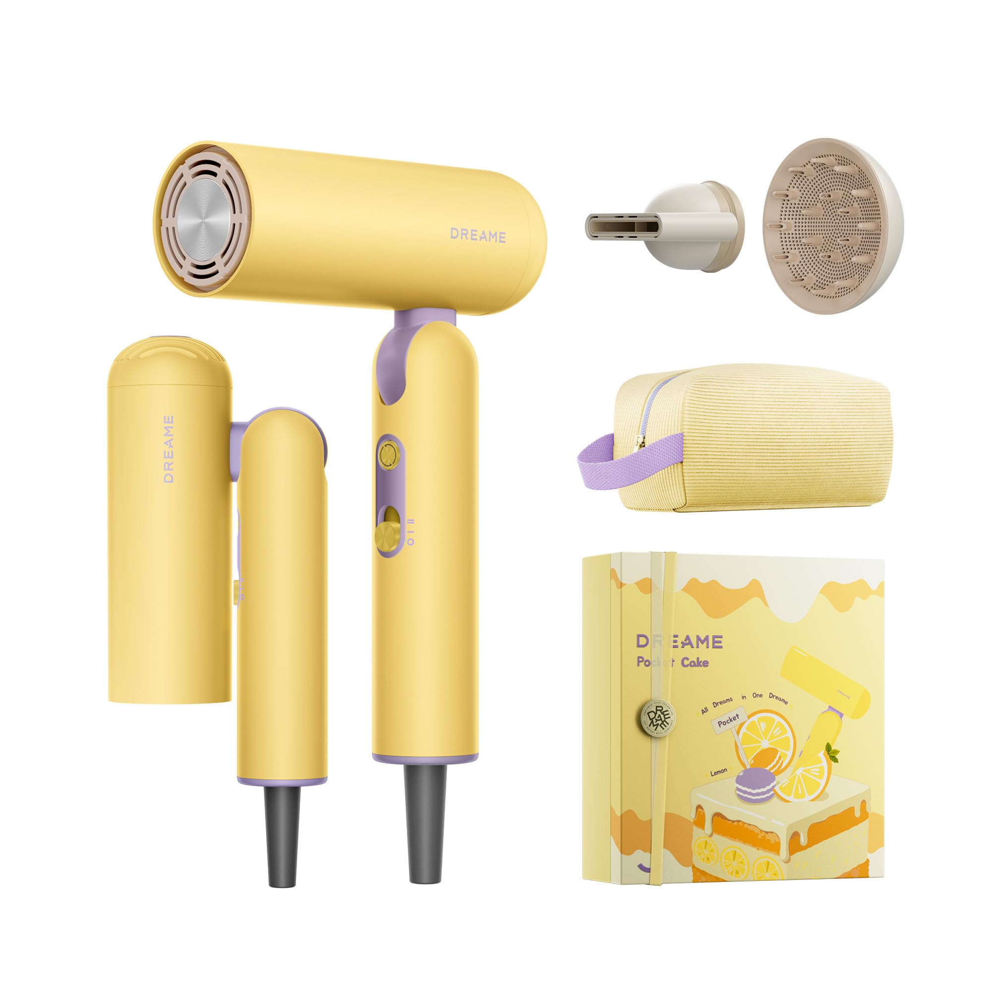 Pocket Cake Dual Voltage Hair Dryer with Diffuser, Travel Blow Dryer