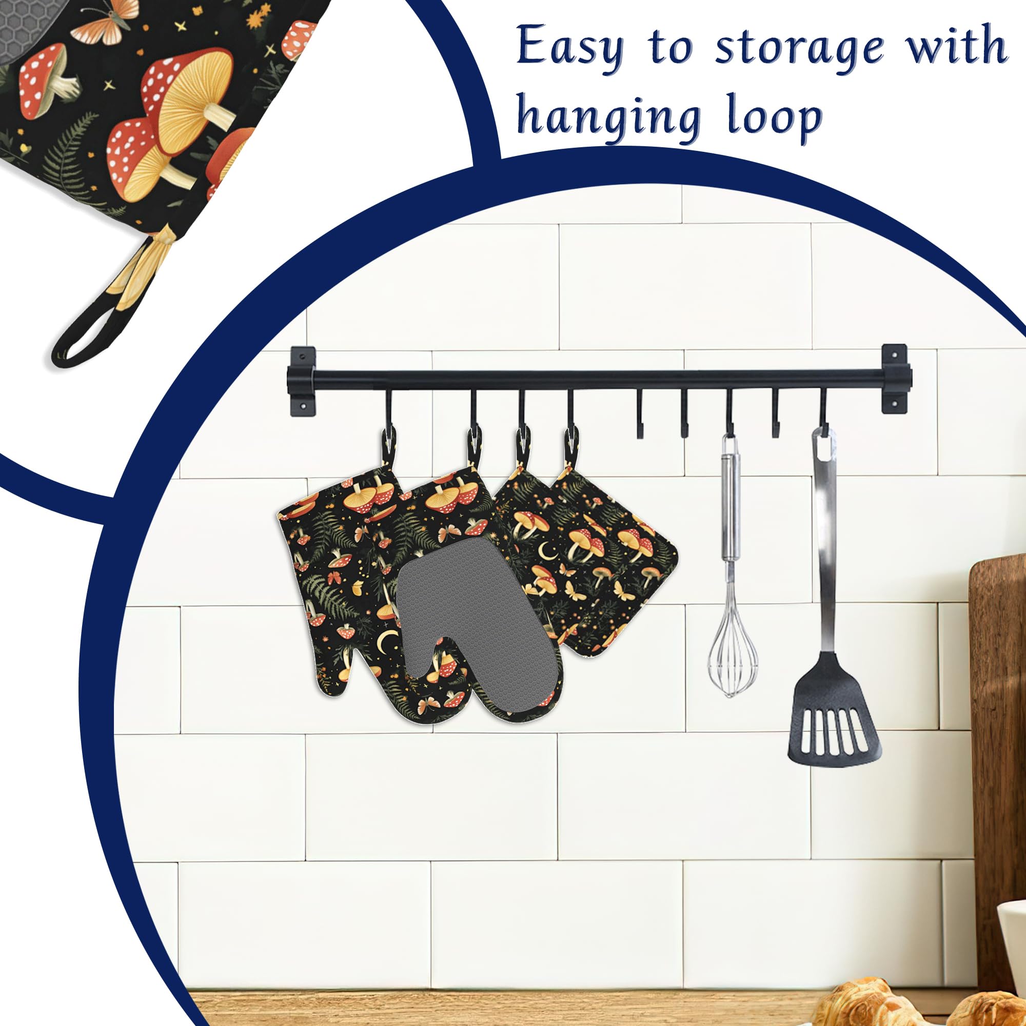 Boho Pilze Ofenhandschuhe und Topflappen Sets von 4 Wildblumen Schmetterling Hitzebeständige Silikon Ofenhandschuhe Handschuhe Rutschfeste Küchenhandschuhe Topflappen zum Kochen Backen Grillen BBQ