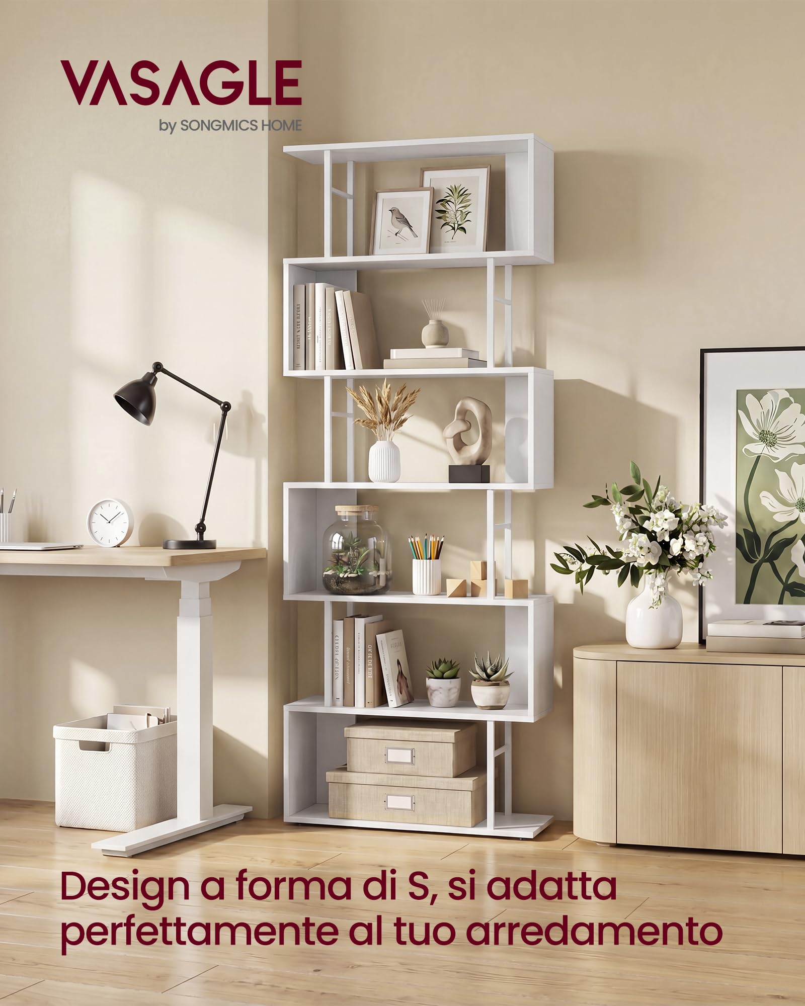 VASAGLE Libreria a Forma di S a 7 Ripiani, in Legno e Metallo, Scaffalatura Portaoggetti, 60 x 24 x 190,5 cm, per Soggiorno e Ufficio, Bianco Nuvola e Bianco Opaco, Collezione Barnet LLS173WB01