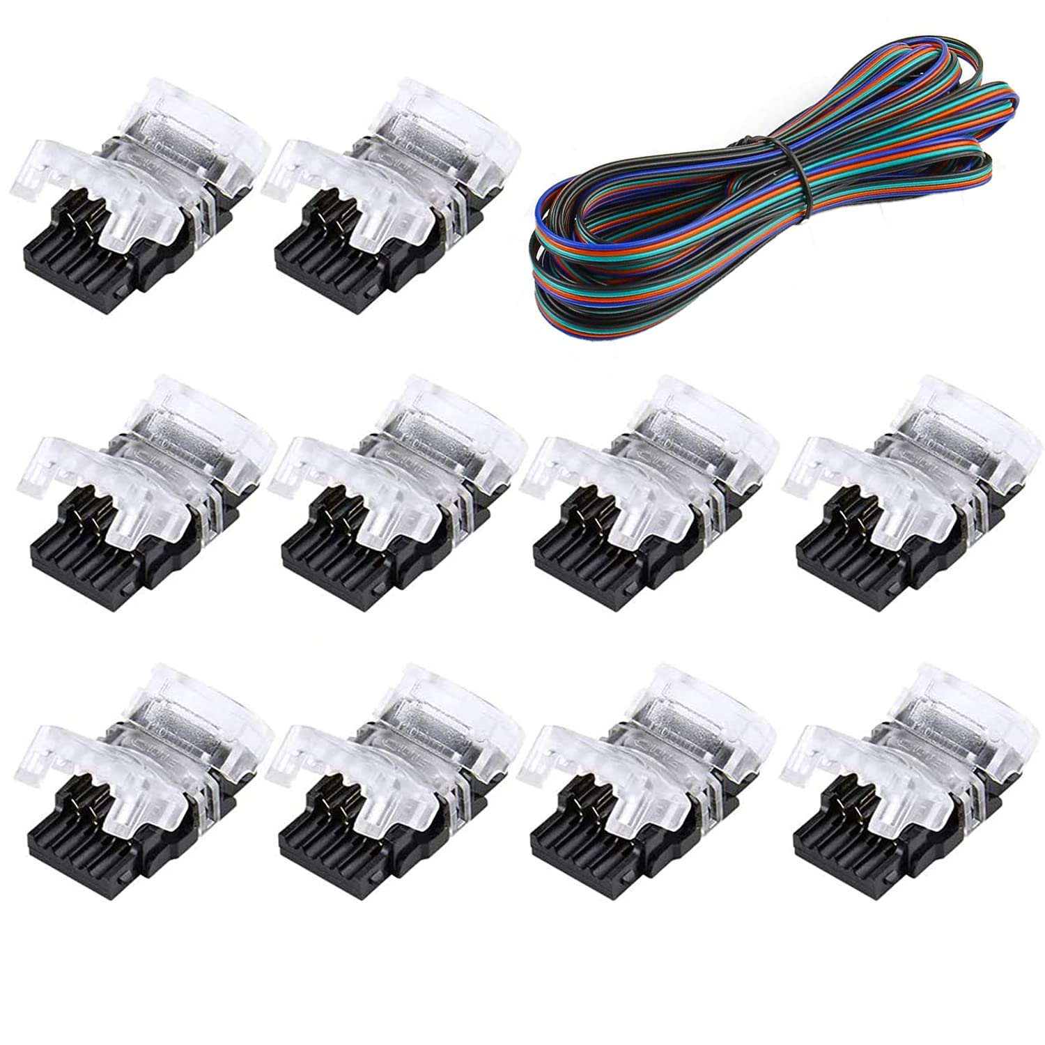YUTOKEER 4 Pin LED Connectors 10mm Wide Unwired Gapless Solderless Strip to Wire Quick Connectors Adapter with 2m Extension Cord for Waterproof 5050 Multicolor RGB LED Strip Lights-10Packs