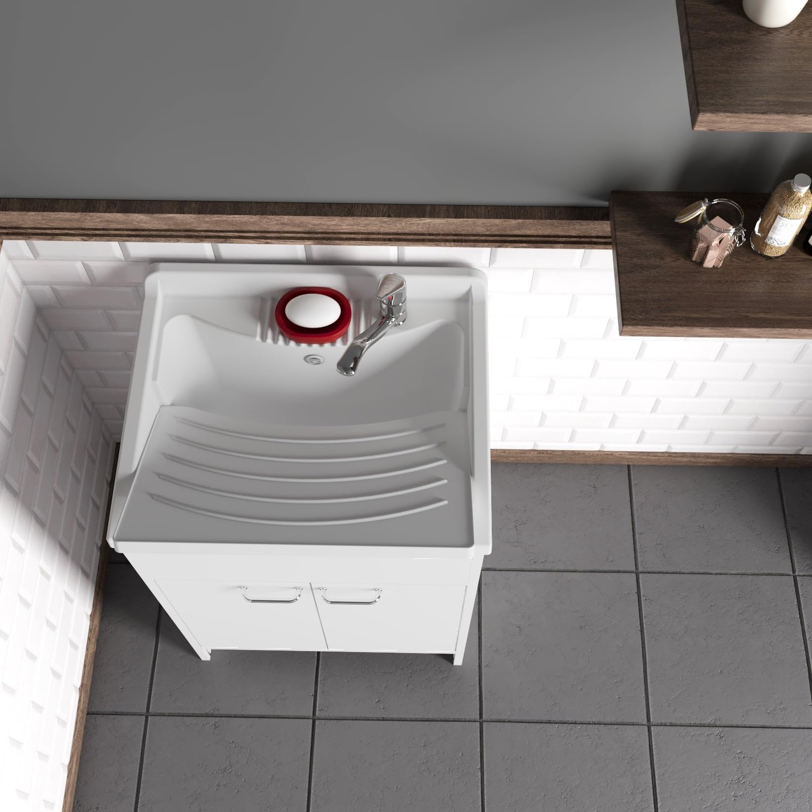 Lavatoio in PVC bianco con scarico autopulente e piletta 80x50x85H cm