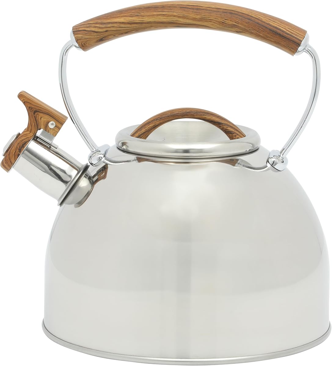 Fremont Tetera con silbido grande de acero inoxidable de 2 cuartos con mango de madera - Hervidor duradero para estufa para agua hirviendo