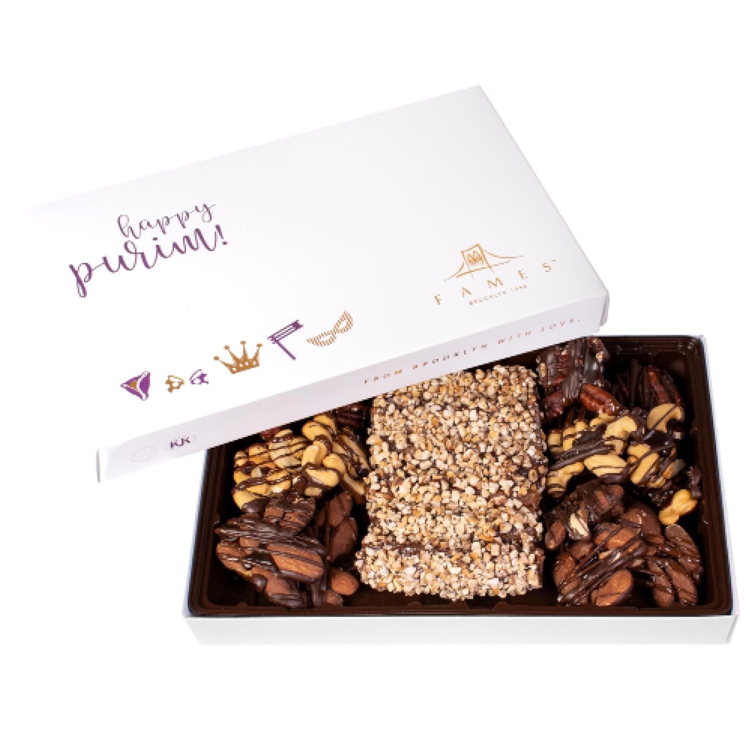 Happy Purim Chocolate Gift Box - Mishloach Manot Assorted Nutty Chocolates, Kosher Certified, Parve, Great Shalach Manos Idea for Corporate Gifting and for Friends and Family.