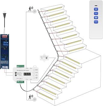 Intelligent Motion Sensor LED Stair Light Kit with Main Wire& Daylight Sensor, Step by Step Control 47.2 Inches Cuttable LED Strip Lights Indoor with Remote 20 Stairs,3000K