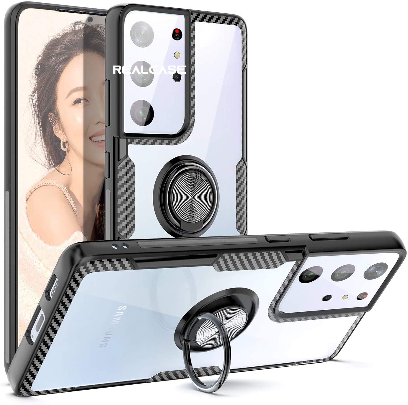 REALCASE Samsung S21 Ultra Back Cover Case | Carbon Fiber Design Bumper Crystal Clear Anti-Scratch Back | 360° Rotation Ring Case Back Cover for Samsung Galaxy S21 Ultra 5G (C Black) (B08TFJZW6Y) Amazon Price History, Amazon Price Tracker