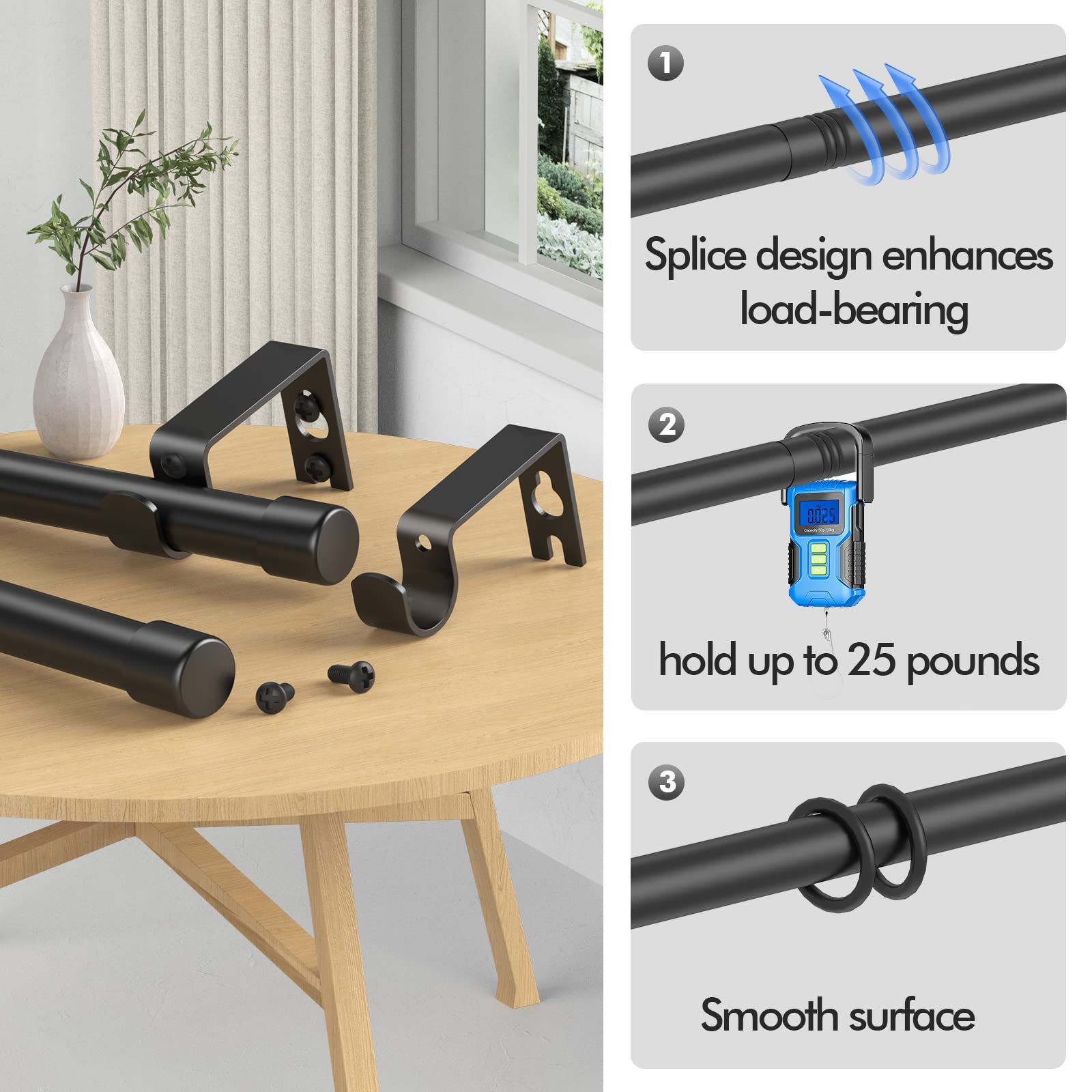 Blackout Curtain Rods for windows 32 to 76 inch,5/8 inch Diameter Metal Single Curtain Rod Set,Drapery Rods for Room Divider, Bedroom, Living room, Kitchen, Bathroom,Outdoor