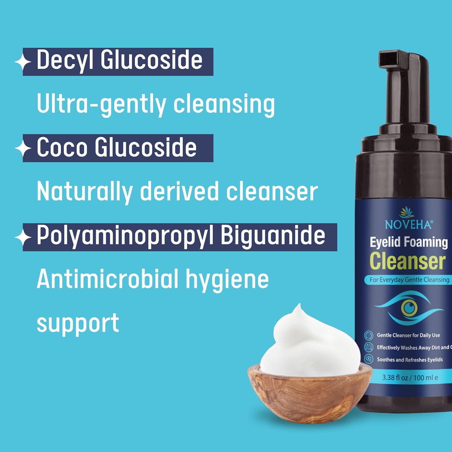 NOVEHA Eyelid Foaming Cleanser | Everyday Scrub for Soothing Relief | Refreshing Mild Eye Lid Wash to Remove Pollen, Dirt & Oil | Lash Shampoo & Makeup Remover to Support Healthy Eyes | 3.4oz - Image 2