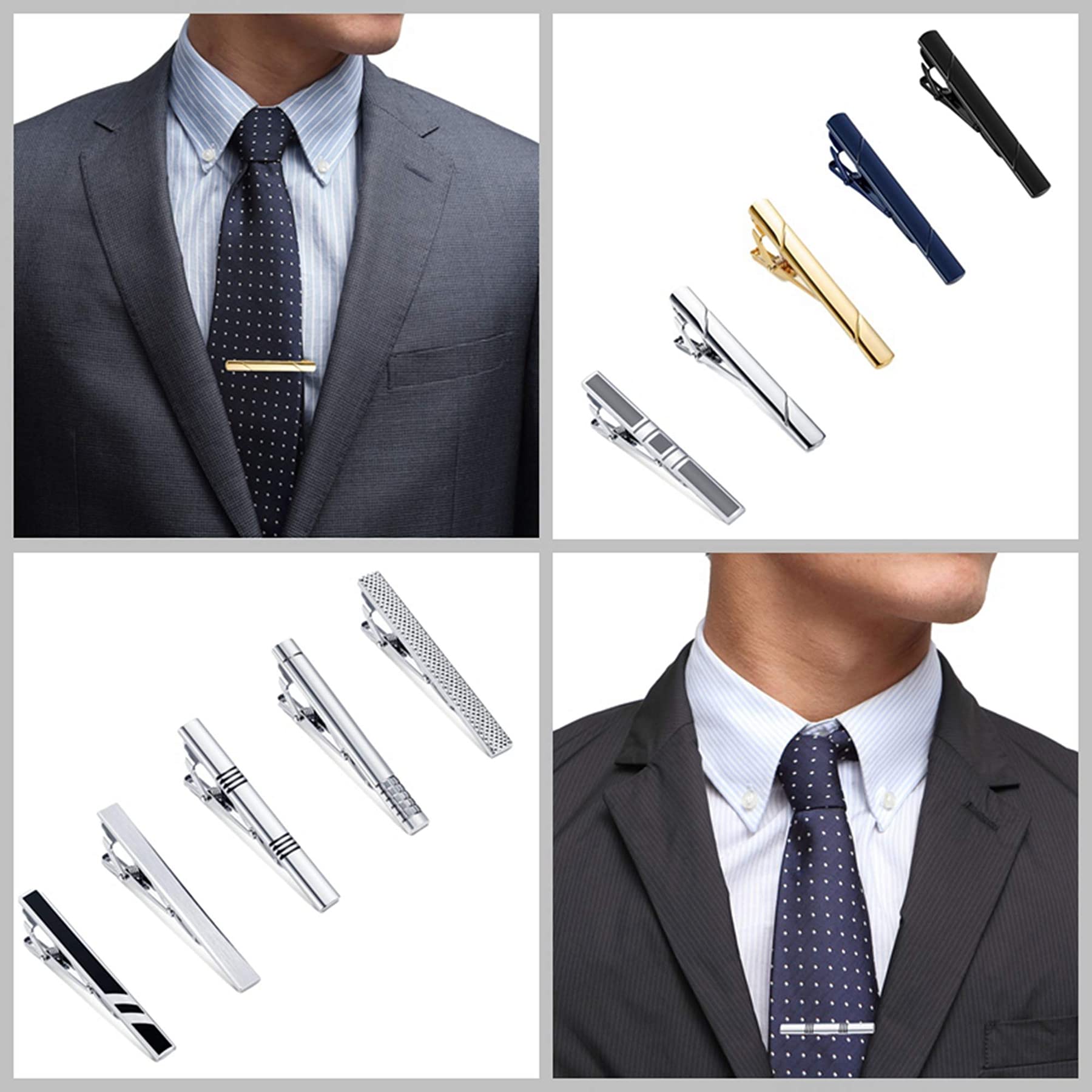 10 Pcs Pinces à Cravate pour Hommes, avec Boîte-Cadeau, Cravate Affaires Barre de Mariage Clips Set, épingles à Cravate, Noire Or Argent Bleu