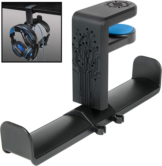 ENHANCE PC Gaming Dual Headphone Holder - Clip-On Desk Headphone Hanger Holder with Adjustable 360 Rotation, Under Desk Headset Clamp, Universal Fit, & Double Cable Loops Organizer with Silicone Pads