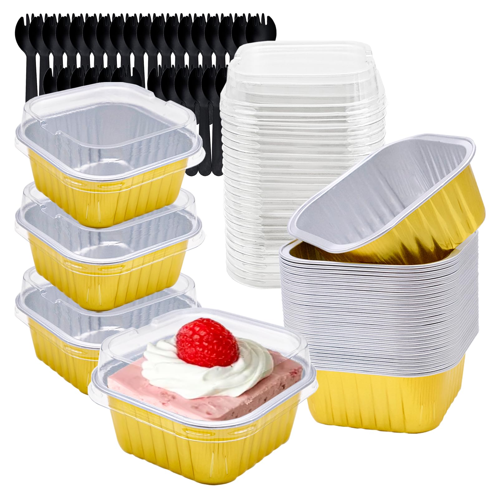 FORYNXHWIN 30Pcs Mini Cake Baking Cups with Lids and Spoons, 150ml Square Reusable Aluminum Foil Baking Cups, Small Loaf Pans Cake Boxes for Bread Dessert Wedding Birthday Picnic Party (Gold)