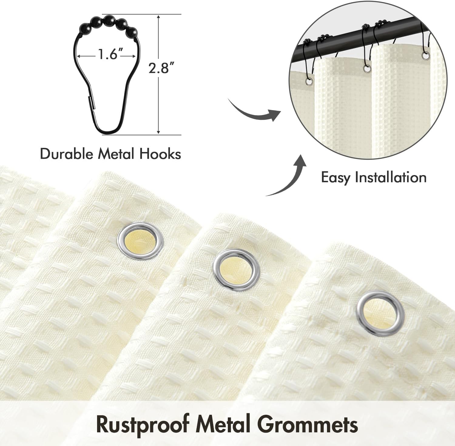 MIULEE Extra Long Waffle Weave Shower Bath Curtain 90 Inch Long with 12 Metal Hooks Modern Washable 260GSM Heavy Fabric Waterproof Thick Cloth Shower Curtains Set for Bathroom Hotel Bathtub, Ivory