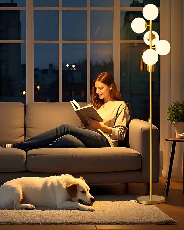 Lámpara de pie de globo regulable, lámparas de pie doradas con 5 bombillas 3000K incluidas, lámpara de pie moderna de mediados de siglo con base pesada de 5 libras para decoración de sala de estar/dormitorio/sofá al lado/esquina