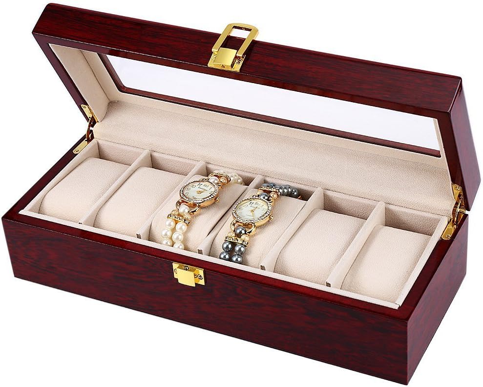 6 Slots Wood Watch Display Case Watches Box Glass Top Jewelry Storage Organizer, Red