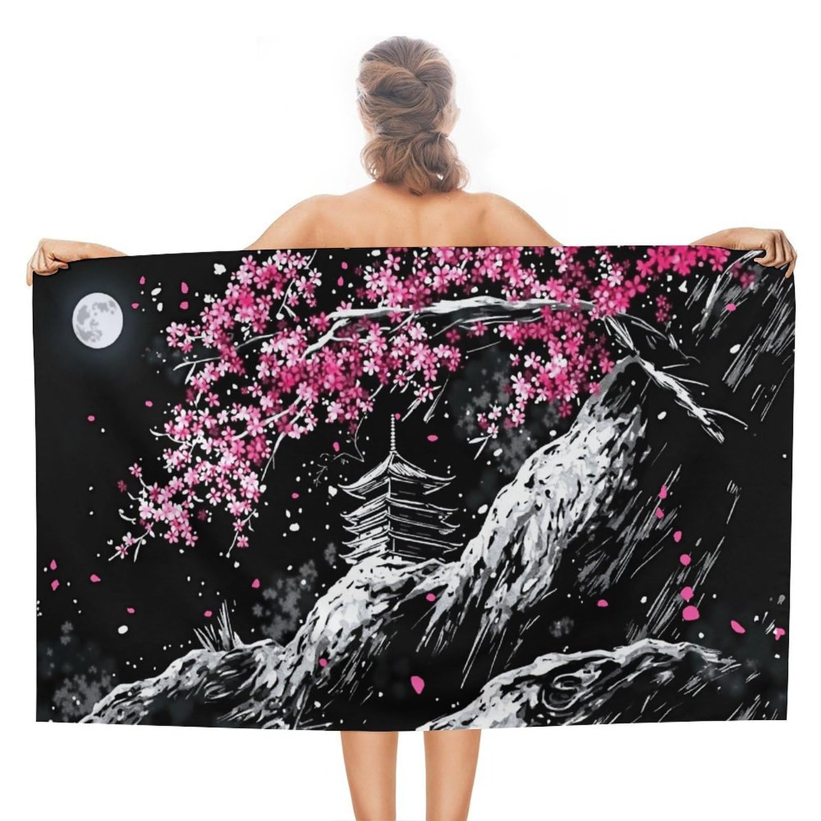 Anceky Cherry Blossom Moon Night Beach Towel Microfiber Soft Absorbent Oversized Large Bath Towel Blanket Thin Quick Dry for Adults Swimming Pool Yoga Gym Travel 51"X31"