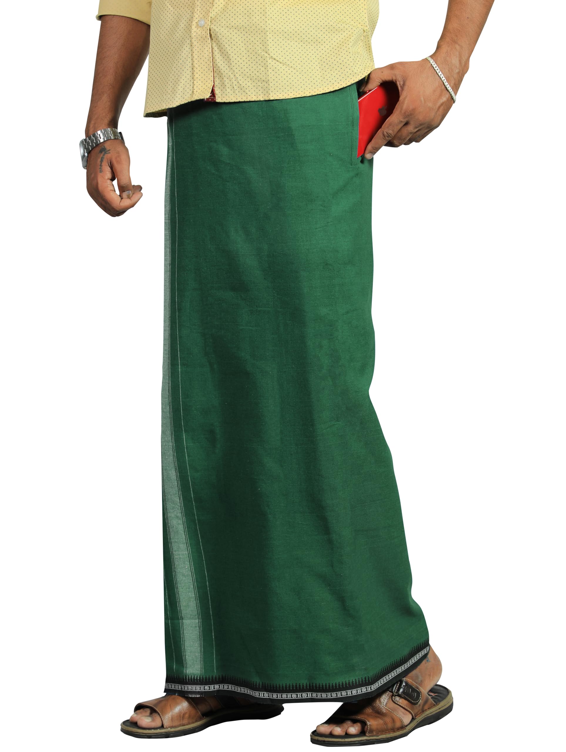 Prakasam Cotton Mens Cotton Kerala Thalapathi Border Welcro Pocket Dhoti (S-Size Dhoti) / Olive Green Colour Thalapathi Adjustable Pocket Dhoties For Mens