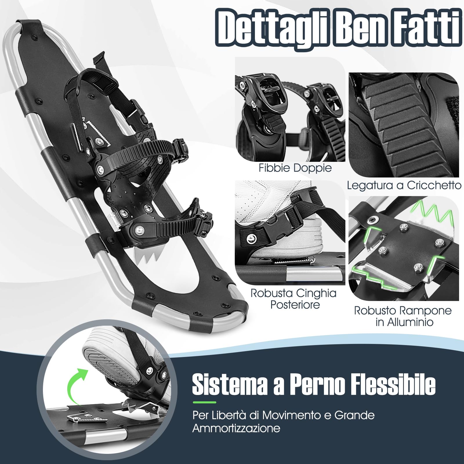 COSTWAY Ciaspole da Neve 4 in 1 per Uomini, Donne e Ragazzi per Scarpe 35-45 in Alluminio con Sistema di Perno Flessibile Doppio, Bastoncini Regolabili e Borsa, Adatte per 30-130 kg