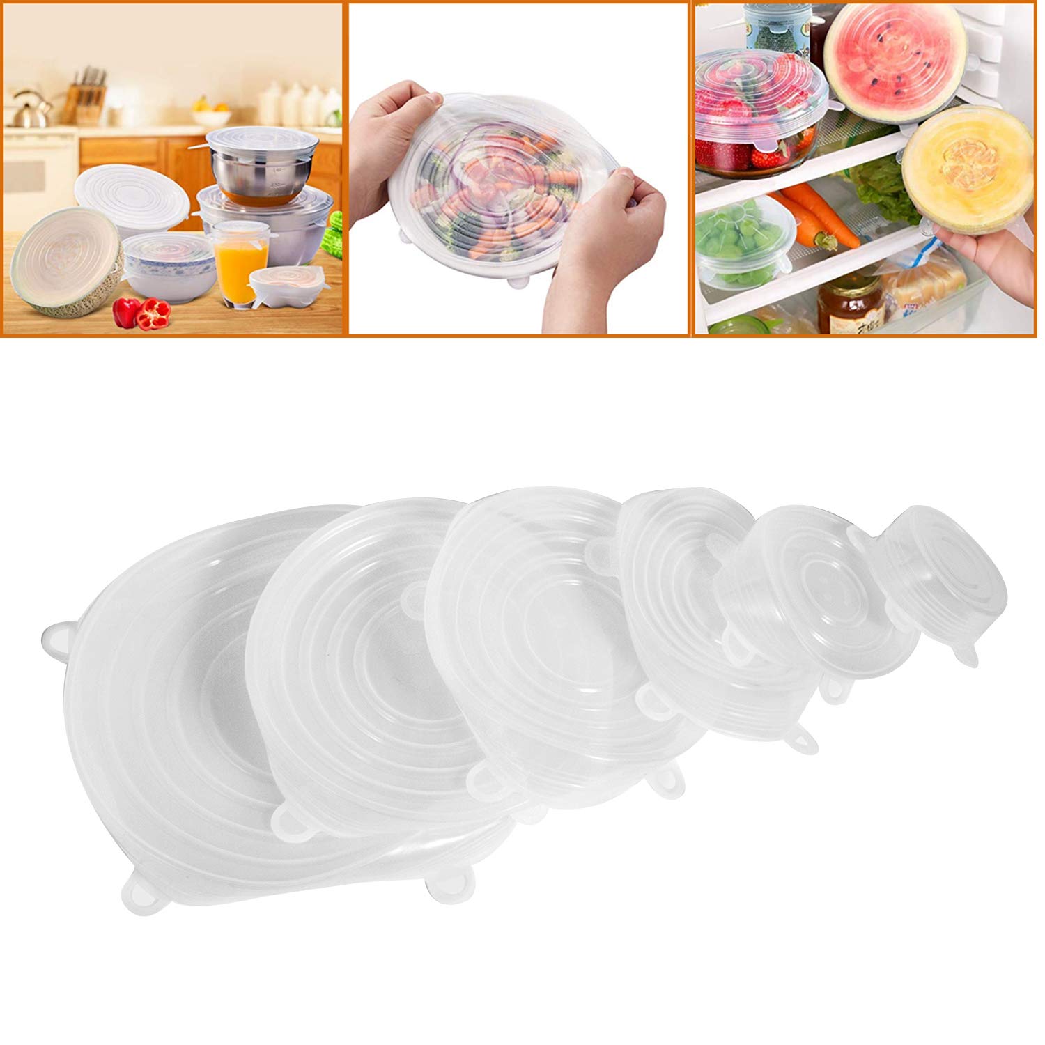 YunjiadodoSilicone Stretch Lids (6 Pack) - Reuseable Durable Bowl Covers Food Saver Fit Various Shapes Sizes - Safe in Dishwasher, Microwave and Freezer