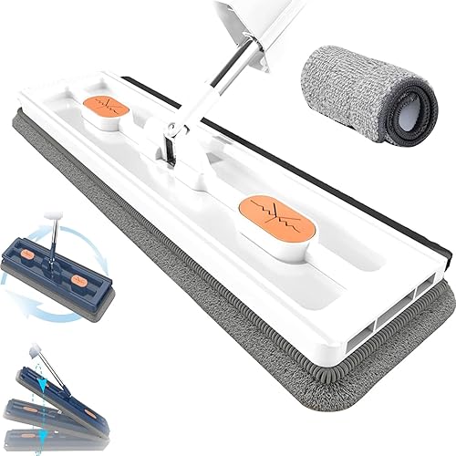 Trapeador plano grande, trapeador para húmedo y seco, fregona ajustable de acero inoxidable de mango largo, trapeador giratorio de 360 (blanco + 4