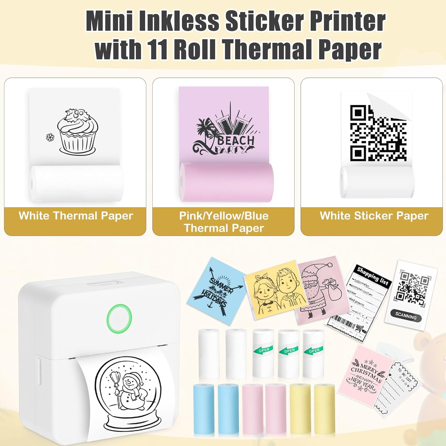 Zeacool Mini Sticker Printer,Mini Pocket Thermal Printer with 11 Rolls Paper,Bluetooth Inkless Printer Compatible with Android & iOS,Portable Receipt Printer for Photo,Memo,Journal,Travel,White