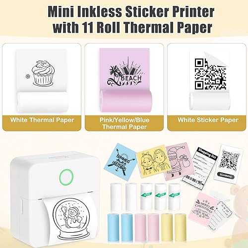 Vista 17 de Mini impresora de calcomanías, mini impresora térmica de bolsillo con 11 rollos de papel, impresora Bluetooth sin tinta compatible con Android e