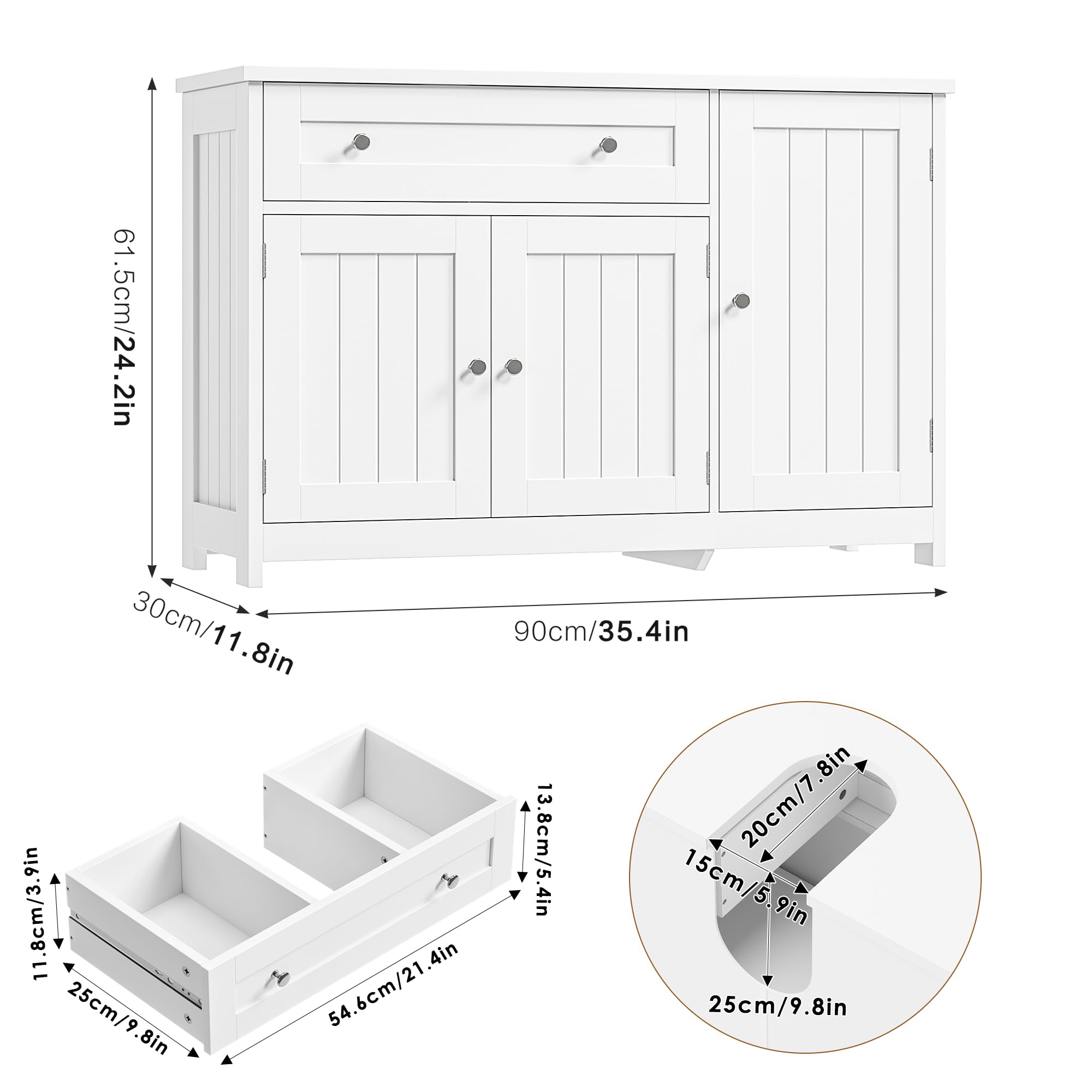 FOREHILL Waschbeckenunterschrank 90cm breit Badezimmer Unterschrank Weiß | Badezimmerschrank mit 3 Türen, 1 Schublade und verstellbarem Regal, 90x30x61,5cm