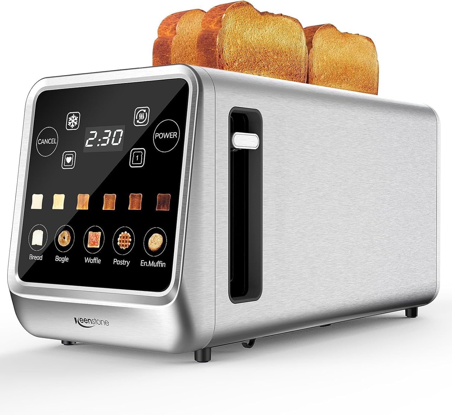 Keenstone Tostapane 4 fette, LED Display Touch screen e funzione memoria, timer, scongelamento e riscaldamento, tostapane in acciaio inox con 6 livelli di doratura, 5 programmi per il pane