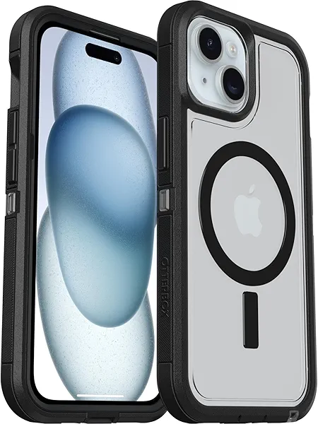 OtterBox iPhone 16e, 15, 14, & 13 Defender Series XT Clear Case - DARK SIDE (Black/Clear), screenless, rugged , snaps to MagSafe, lanyard attachment (ships in polybag)