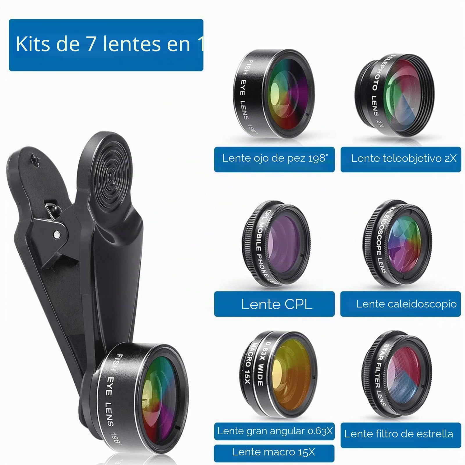 Objetivo para movil, 7 in 1 Universal Lente Macro para movil, Ojo de Pez 198°, Gran Angular 0,63X, Macro 15X, CPL, caleidoscopio, para la mayoría de Smartphone (M)