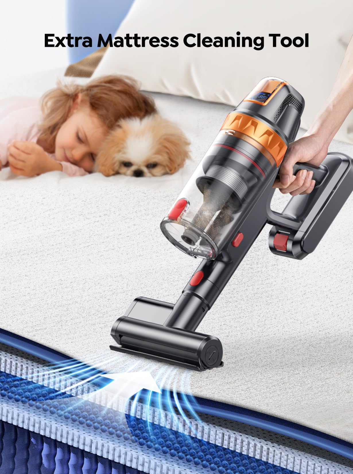 Aspiradora inalámbrica, 600 W con herramienta de limpieza de colchón adicional, aspiradora de palo de 45 KPA para el hogar 60 minutos de tiempo de funcionamiento, autosuficiente, carga de montaje en 2