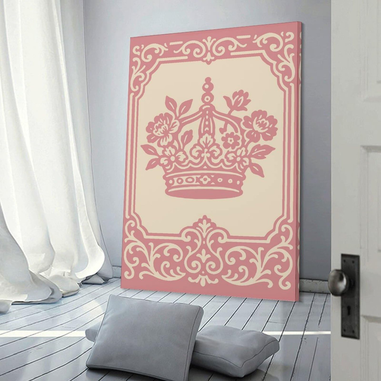 Junmoney Pink Crown with Flowers And Ornate Border Canvas Wall Art, 24x36inch(60x90cm), for Bedroom, Guest Room Or Reading Nook, Decorative Wall Art for Cosy Rooms