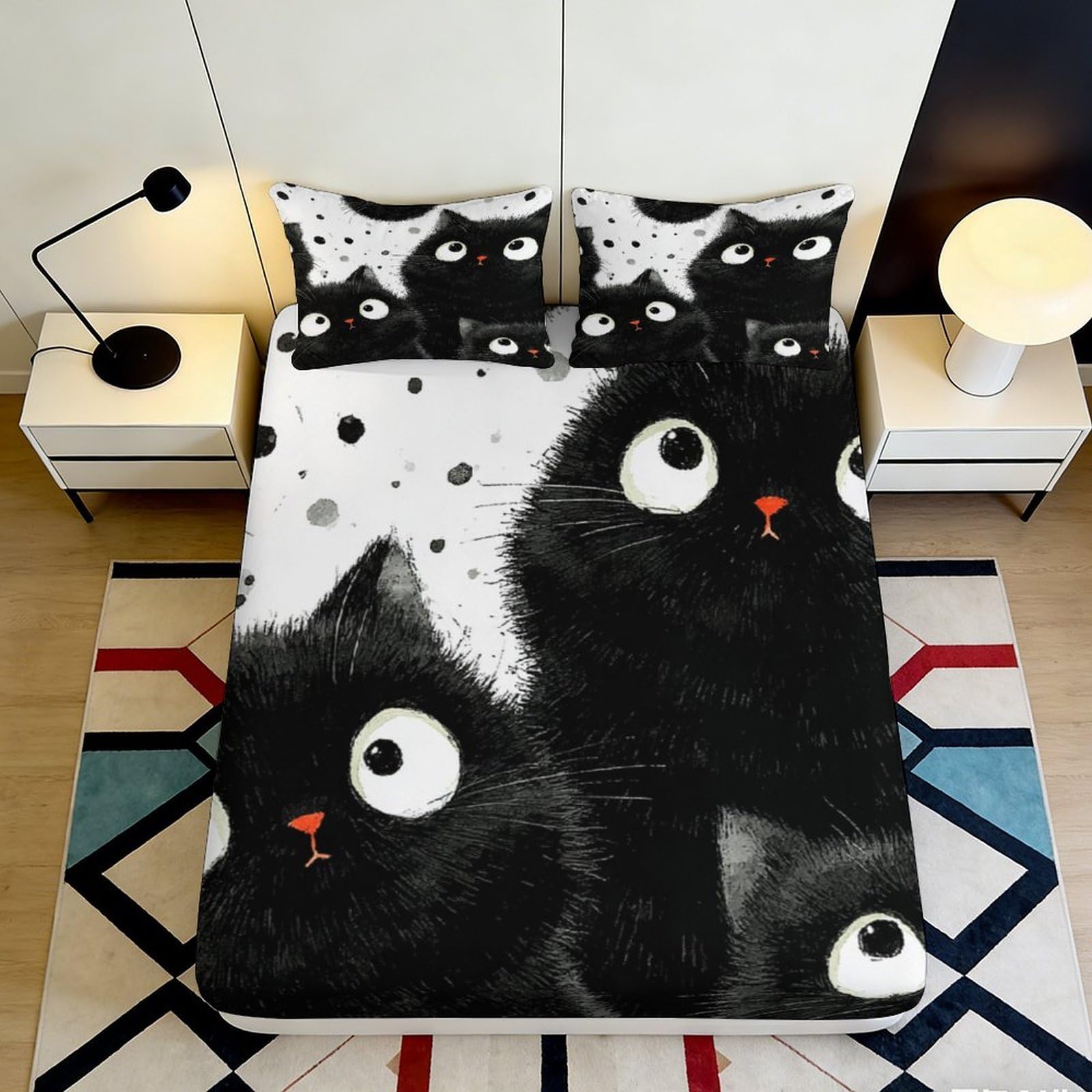 3D Printed Black Cat Cartoon Fitted Sheet Microfiber Soft Bed Cover for Bedroom Guest Room Mattress Decor 90x200x25cm