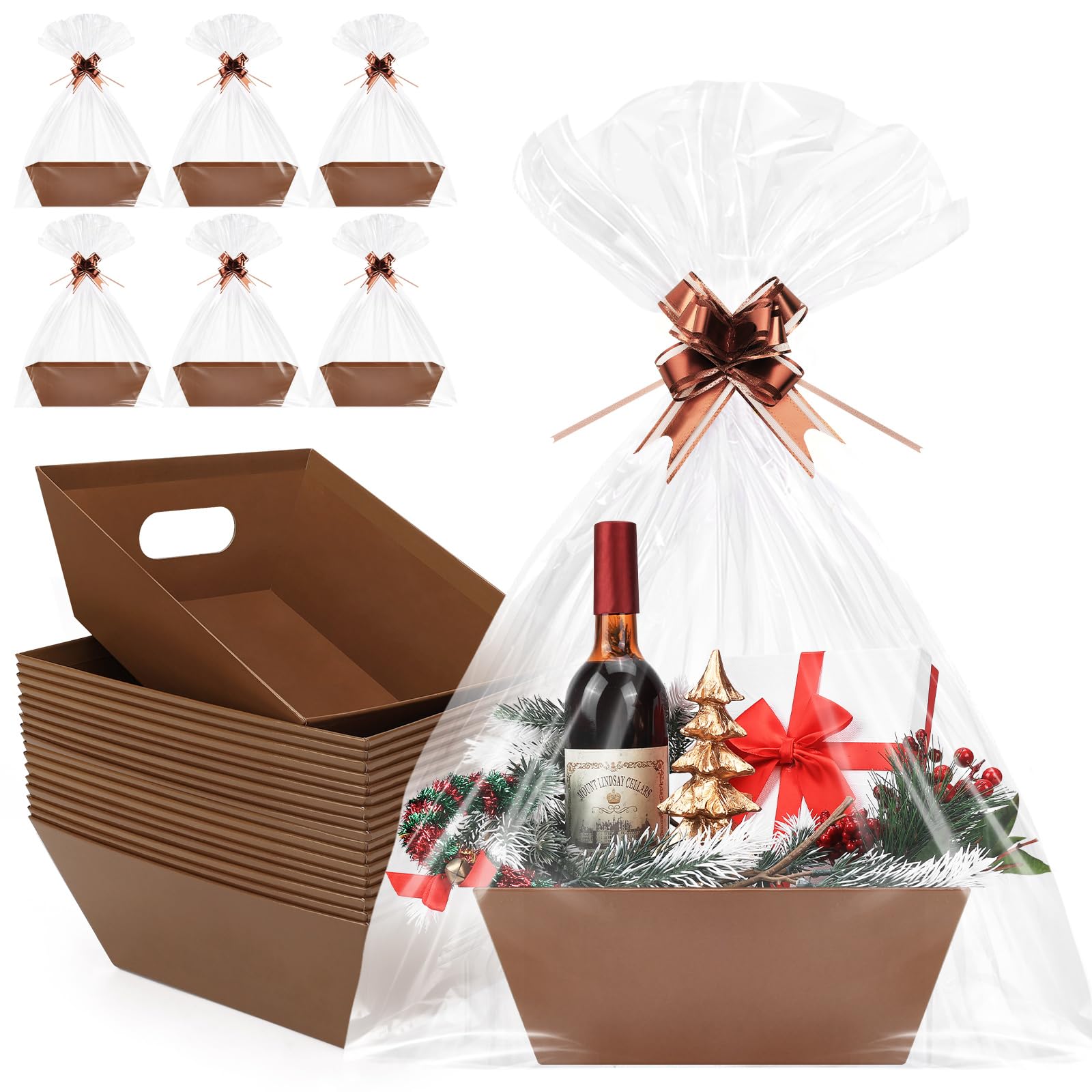 Braune Geschenkkörbe für Geschenke, leer, 25,4 x 20,3 cm dicker Geschenkkorb mit 20 transparenten Beuteln und 20 Schleifen, DIY-Geschenkkorb-Set für Weihnachten, Thanksgiving, Hochzeit, 20 Stück