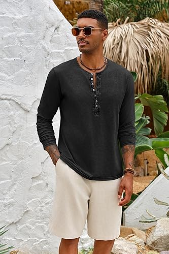 Miniatura 2 de Camisas Henley desgastadas para hombre, con solapa frontal, estilo retro, de manga larga, con botones, lavadas, para hombre