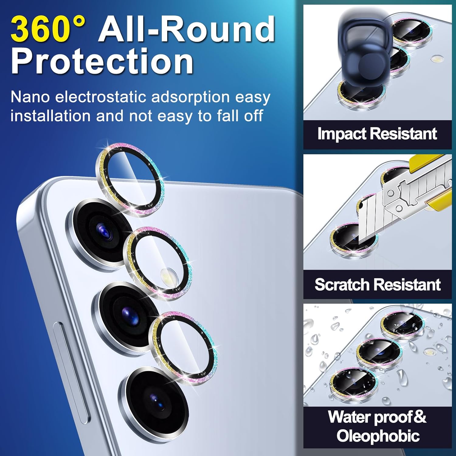 for Samsung Galaxy S25 Plus Camera Lens Protector, Individual Metal Ring Tempered Glass Lens Cover, [Strong Adsorption] Scratch Resistant Ultra-Thin HD Clear Lens Cover, 1 Set-Colorful Sparkly - Image 3