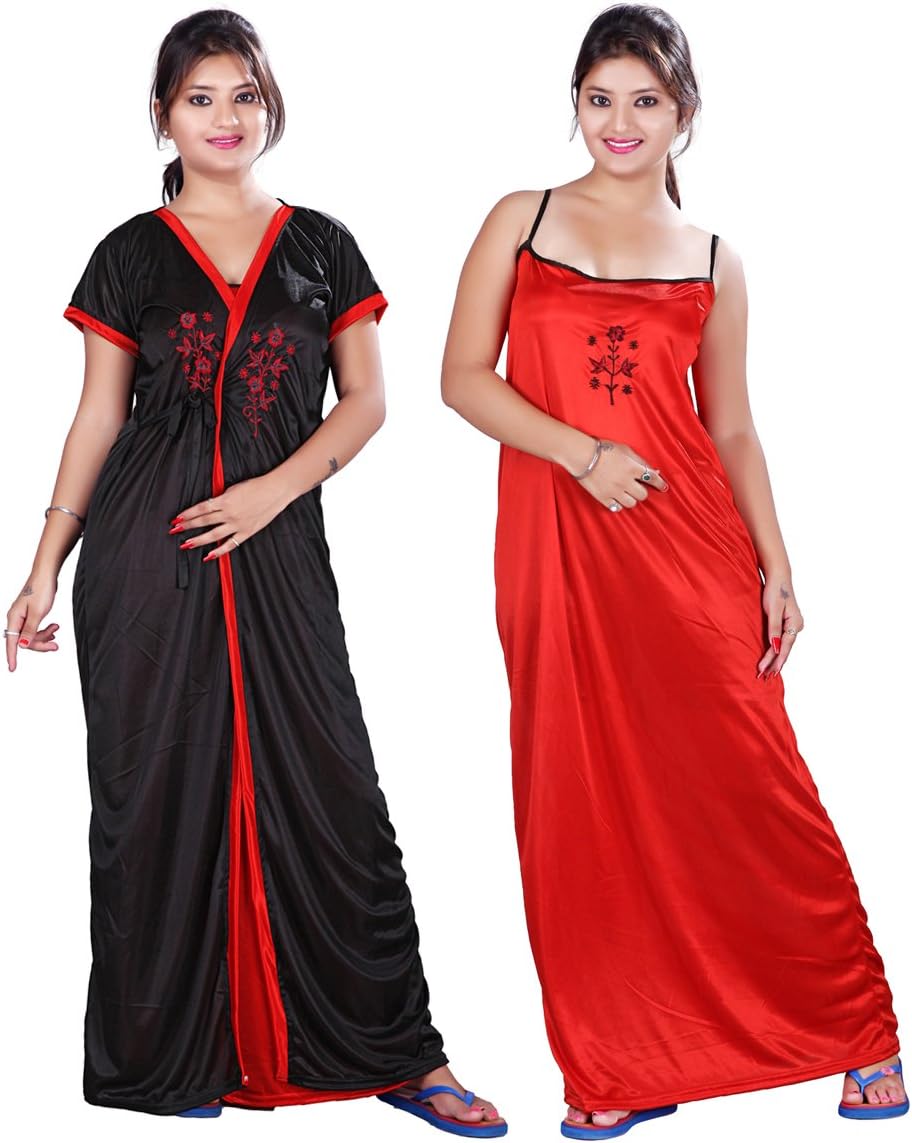 BAILEY SELLS Women's Satin Embroiderd Slip & Robe (BAILEY0166_Black & Red_Free Size)