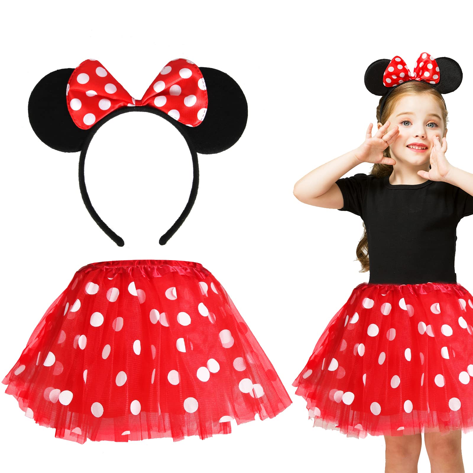 Disfraz de Carnaval Mouse para Niña,Tutu Falda con Orejas de Ratón Aro de Pelo,Bebé Chicas Disfraz de Ratón,Conjunto de Disfraz para Carnaval Halloween Cosplay Fiesta Cumpleaño-Rosa &Rojo