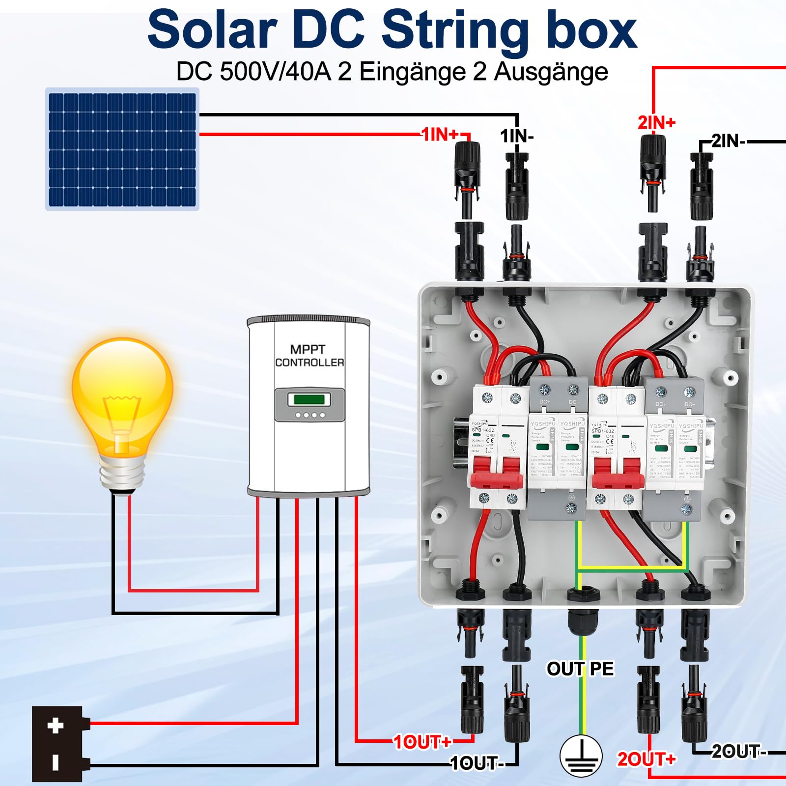 Protezione Sovratensione Fotovoltaica, 500V 40A 20-40KA Scatola Combinata Fotovoltaica, 2 In 2 Out Interruttore Automatico DC Protezione Contro Scaricatore di Sovratensione per Esterni Sistema Solare