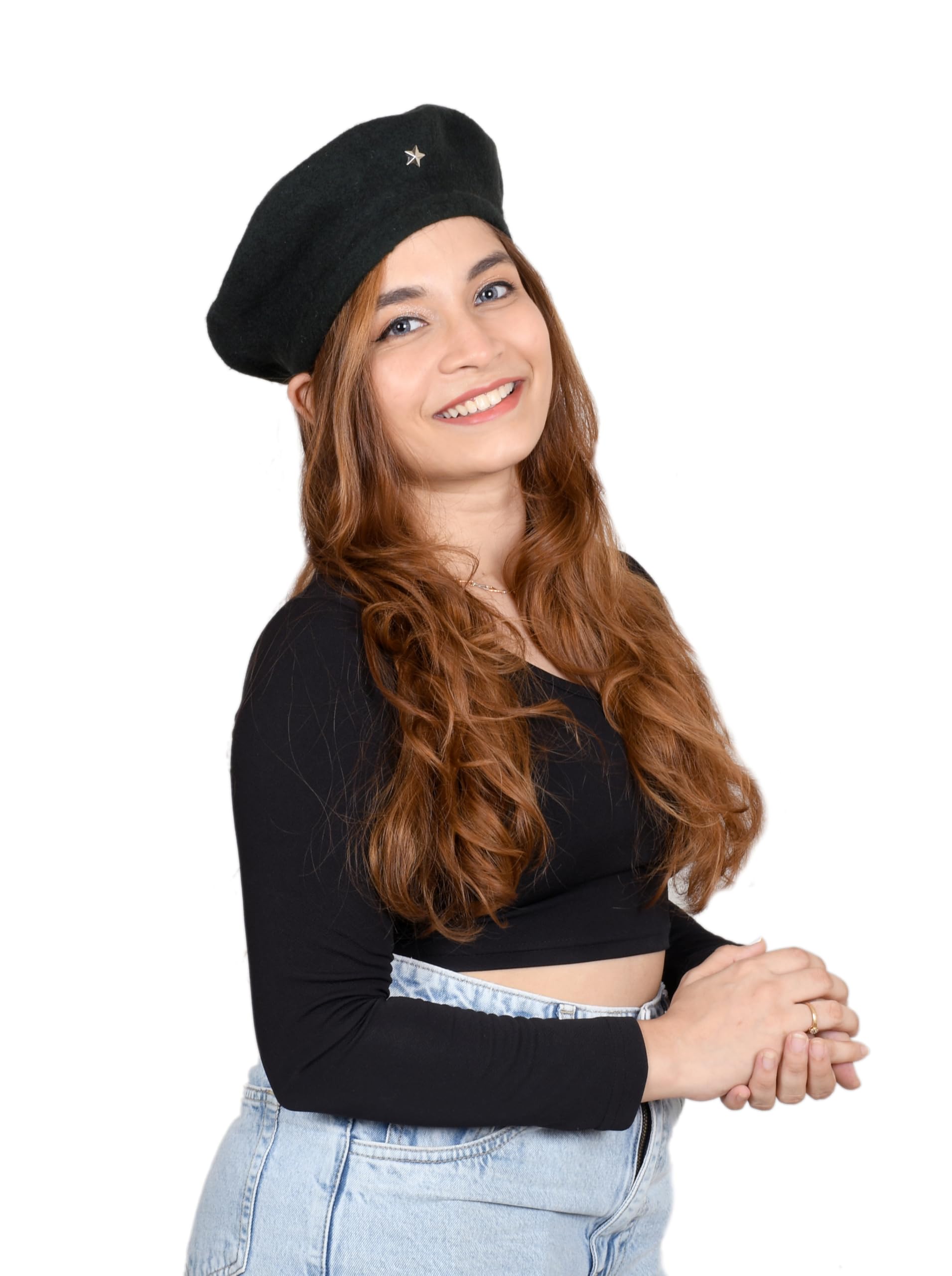 SOUL eTHICS Women's Premium Wool Blend French Artist Beret Cap - Stylish, Warm & Classic - Elegant Winter Beanie Hat for Girls & Ladies -Free Size (in, Alpha, Free Size, Black, Star) - Image 6 thumbnail