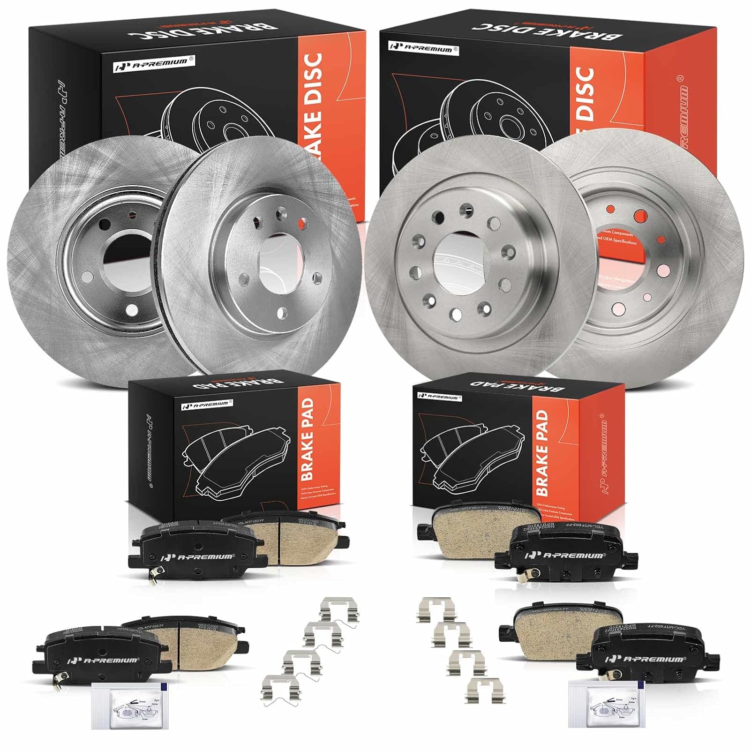Kit de Discos de Freio Dianteiros Ventilados e Traseiros Sólidos A-Premium com Pastilhas Cerâmicas Compatível com Chevrolet Malibu 2017-2020 – Conjunto de 12 Peças