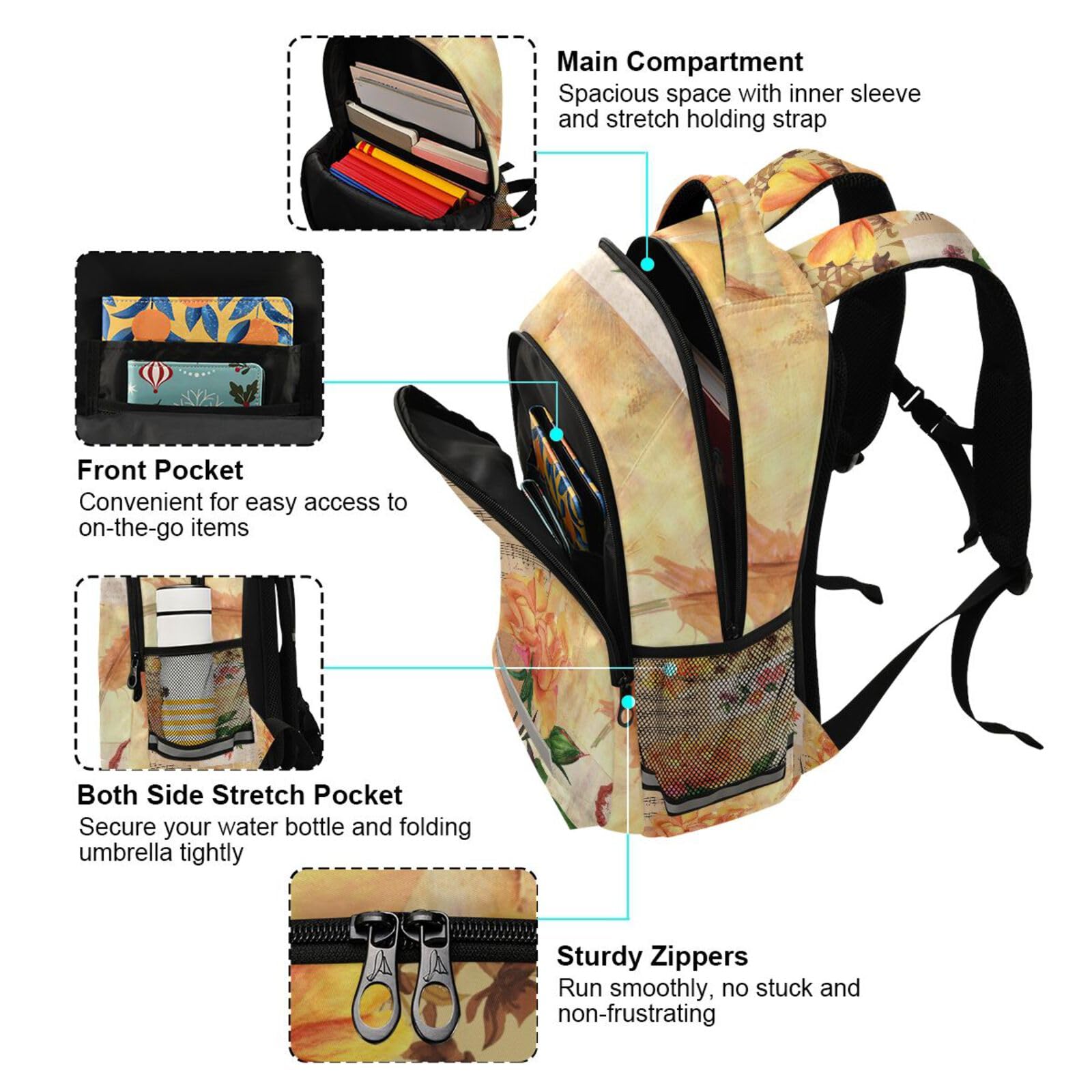 Vintage Rosen Schmetterlinge Notenrucksack für Kinder Schultasche Studenten Jungen Mädchen Büchertasche Elementar Reiserucksack Tagesrucksack Laptoptasche, gelb, 29.5x17.5x42.5cm
